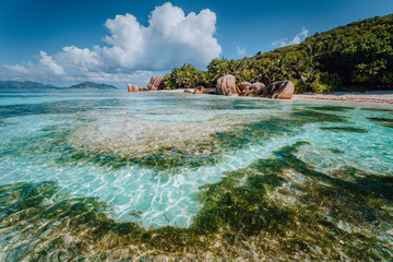 Famous tropical beach Anse Source d'Argent with granite boulders, La Digue Island, Seychelles
