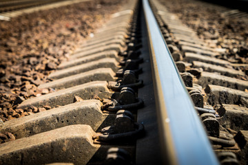 Photo rail on the railway close-up. Going into the distance rails.