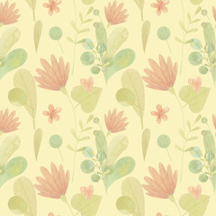 seamless pattern with cute watercolor illustration of stylized flowers.