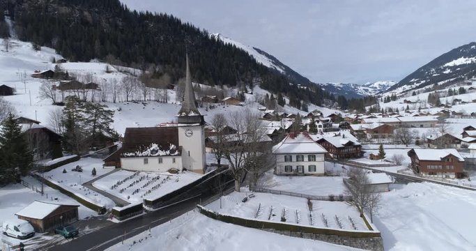 Gsteig bei Gstaad church approach - Aerial 4K