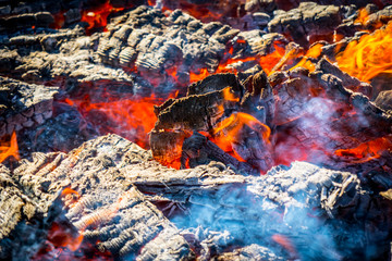 Burning wood. Photograph of the dying fire.