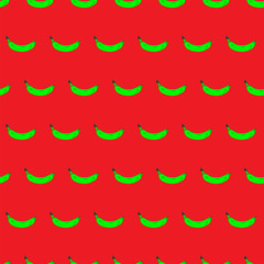 Seamless pop art banana pattern randomly distributed on color background. Vector Illustration.