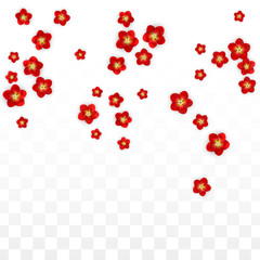 Vector Realistic Red Flowers Falling on Transparent Background.  Spring Romantic Flowers Illustration. Flying Asian Rose Spa Design. Blossom Confetti. Design Elements for Wedding Decoration.