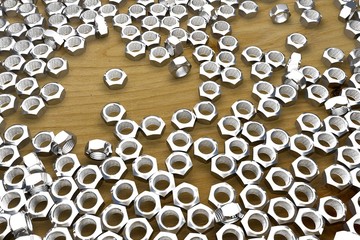 internal screws on wooden table - nice industrial 3D illustration, image for art using