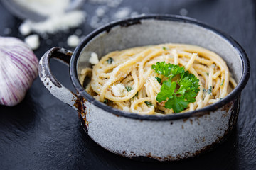 homemade spaghetti with cream, spinach and parmesan