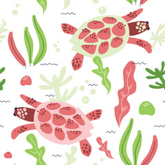 Materiał do szycia World tortoise day. Hand drawn unique sea turtle seamless pattern. Algae, corals, stones. Gorgeous underwater world. Scandinavian style.1