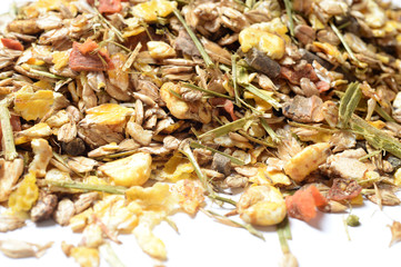 Fruity natural sportive  muesli background. for horse.