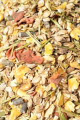 Fruity natural sportive  muesli background. for horse.