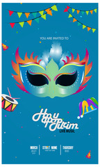 Vector illustration with carnival and celebratory objects. Template for carnival, invitation, poster, flayer, funfair. Flat style. - Vector