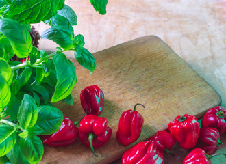 Red small paprikas on wooden cutting board. Basil leaves on the side.