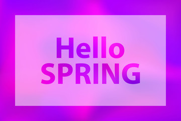  Hello spring words on a  bright purple blurred background. Banner c white translucent frame.