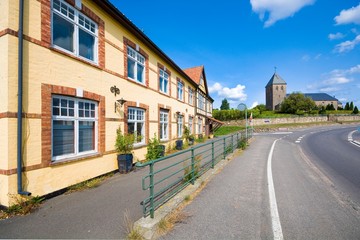 Historic inn by the main road in the small town Klemensker, Bornholm island, Denmark