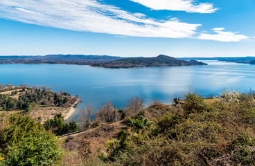 Panoramic view of Lake Maggiore on a clear day, seen from Massino Visconti village over Lesa,...