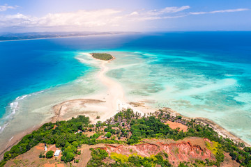 Fototapeta Aerial view of Nosy Iranja with a turquoise sea and white sand, north of nosy be, a beautiful island in madascar, africa obraz