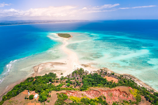 Aerial view of Nosy Iranja with a turquoise sea and white sand, north of nosy be, a beautiful island in madascar, africa