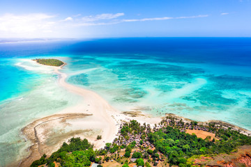 Aerial view of Nosy Iranja with a turquoise sea and white sand, north of nosy be, a beautiful island in madascar, africa