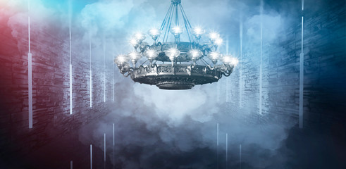 Background abstract, abstract background, smoke, smog. Night view dark room, room, corridor with a lot of light. Abstract light, spotlights, neon.