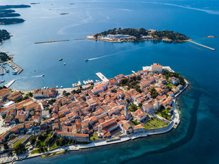 Aerial shot of the Croatian town of Porec. The town of Porec is almost 2,000 years old, and is set...