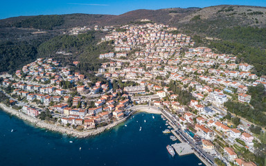 Aerial shot of Rabac town and its surroundings. A famous tourist destination on the Adriatic sea.