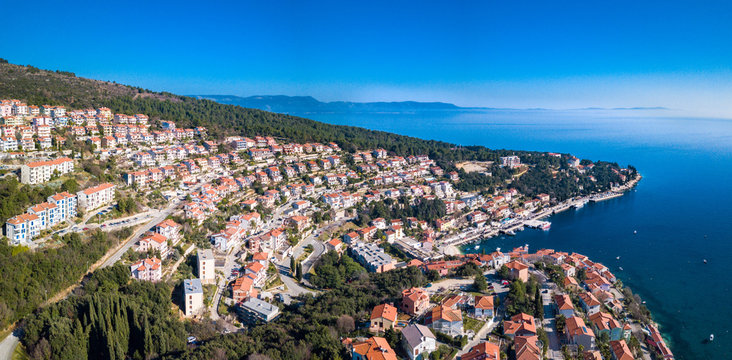 Aerial shot of Rabac town and its surroundings. A famous tourist destination on the Adriatic sea.