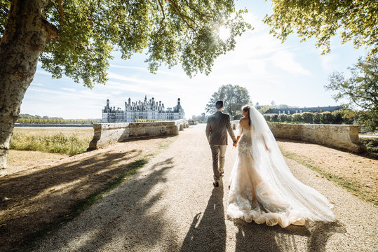 Elegant newlywed couple. Bride in a luxurious dress with a long bridal veil. They go to the old beautiful castle in France