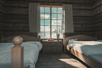 Schlafzimmer in einem alten Chalet. 3D Rendering