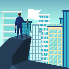Businessman with flag in hand stading in front of a big city. Motivation in business concept. Background of high buildings. Vector illustration in flat design. 