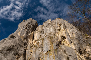 Look up a rocky hill up to the sky