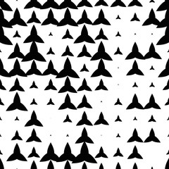 Obraz premium Black and white seamless pattern with grunge halftone geometric shapes, texture infinity. Abstract geometrical background. Screen print. Vector illustration.