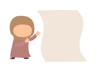 Muslim girl and empty sheet of paper. Vector illustration.