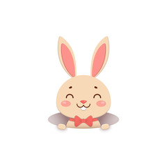 A cute cartoon bunny in a red bow tie is looking out of the hole and smiling. Isolated on white background.
