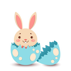 A cute cartoon bunny in a red bow tie hatched from an egg and smiles. Isolated on white background.