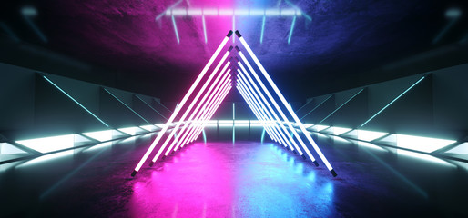 Neon Glowing Triangle Shaped Sci Fi Futuristic Club Dance Retro Alien Spaceship Corridor Tunnel Purple Blue Ultraviolet On Tiled Reflective Grunge Concrete Hall Room Empty 3D Rendering