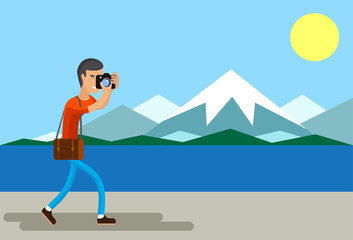 Tourist with camera shooting beautiful places flat style
