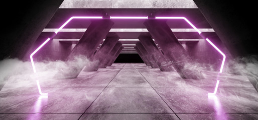 Smoke Fog Futuristic Background Grunge Concrete Bright Underground Garage Hall Gallery Tunnel Alien Corridor Neon Glowing Sci Fi Arc Portal Gate Shaped Purple Vibrant Line Lasers 3D Rendering
