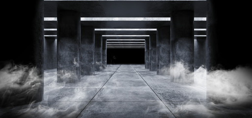 Smoke Fog Grunge Concrete Sci Fi Elegant Modern Futuristic Spaceship Underground Tunnel Hall Gallery Room Empty Space Tiled Floor Reflections Abstract Background Alien 3D Rendering