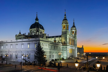 Amazing Sunset view of Almudena Cathedral in City of Madrid, Spain