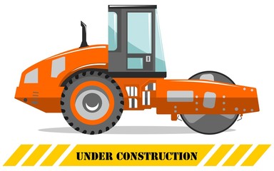 Under construction. Compactor. Heavy construction machine. Building machinery. Special equipment. Vector illustration.