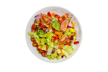 Isolated Healthy vegan food, mix colourful salad with vegetables and fruits on white plate and white background.
