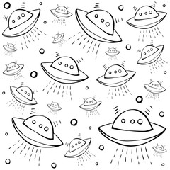 Cute hand drawn vector seamless pattern. Black, white flying saucer, ufo, spaceship isolated on background. Unique abstract texture for invitations, cards, websites, wrapping paper, textile