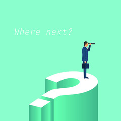 Businessman visonary with monocular in his hand standing on giant question mark. Symbol of business vision, challenge, objective, opportunity. Vector illustration in flat design.