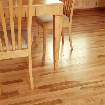 Clean, shiny, maple wood hardwood floor flooring in contemporary upscale home kitchen dining room interior