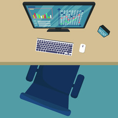 Top view of modern office workplace, chair, office supplies, documents, monitor, keyboard, pen, paper, coffee , glasses, phone, haedphones, notebook , folder,planner, clock. Flat vector illustration. 