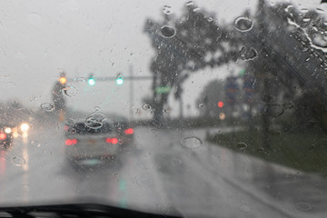 rain through the windshield while driving