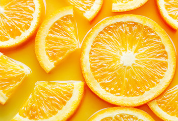 Fototapeta na wymiar top view of orange slices in juice as background