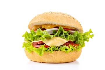 Burger on white background, hamburger with beef and cheese,  isolated.