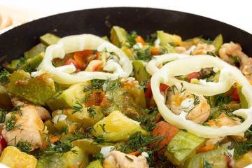 Chicken. carrot and zucchini on pan vegetable food,  cooking.