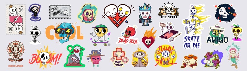 Set of funny cartoon varied skull stickers.