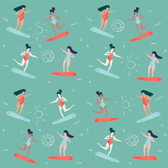 Trendy retro vintage style vector summer vacation pattern illustration: women and girls surfing on surfboards. Summertime sea beach holidays or rest time concept.