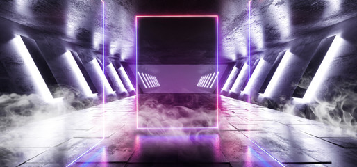 Smoke  Futuristic Background Grunge Columns Concrete Bright Underground Garage Hall Gallery Tunnel Alien Corridor Neon Glowing Sci Fi Rectangle Shaped Blue Purple  Vibrant Line Lasers 3D Rendering